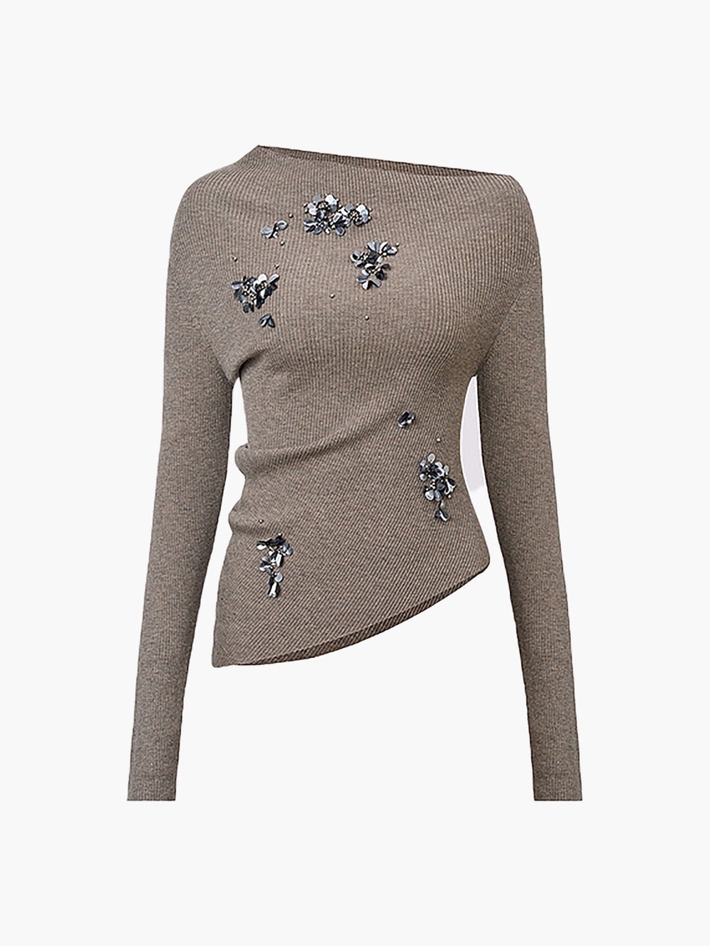 Commense XS Embellished Asymmetric Knit Sweater - Taupe zz2